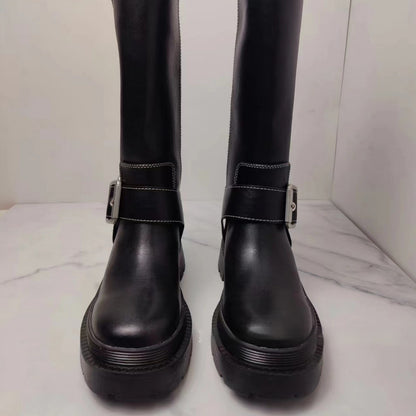 Women's Brown Retro Height Increasing Buckle Decoration High Knight Platform Boots