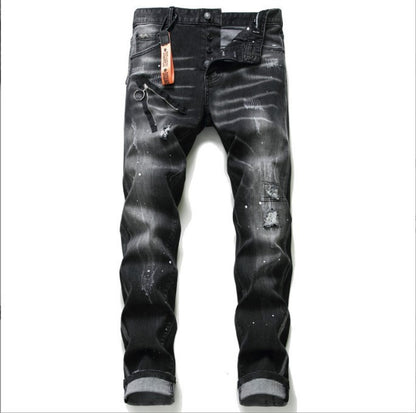 Black And Gray Paint Hole Zipper Decorations Personality Jeans Men