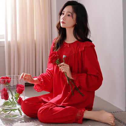 Long Sleeve Annual Home Wear Cotton Wedding Celebration Red Bride Suit