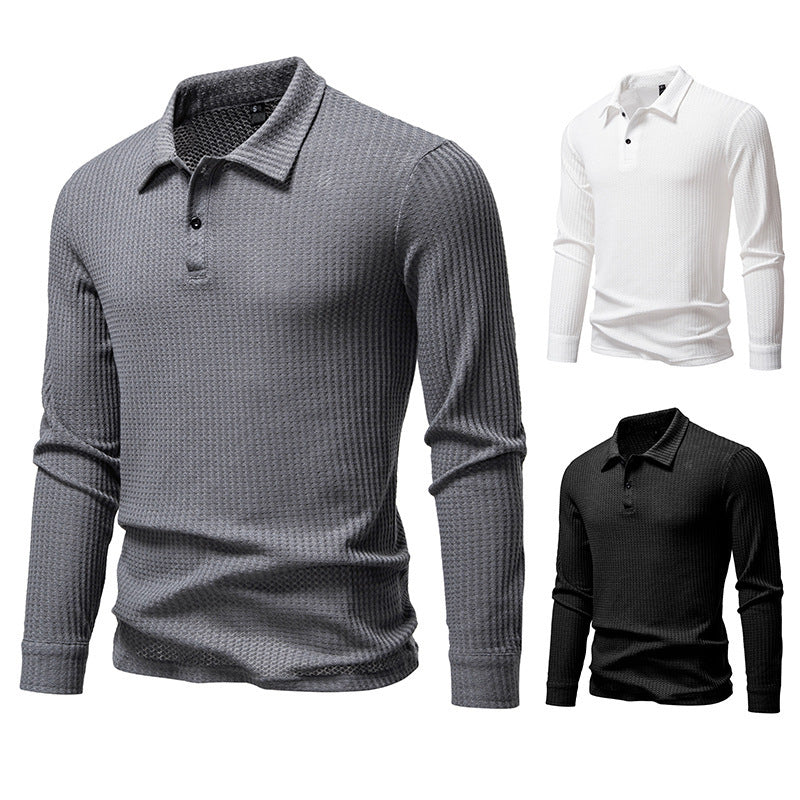 New Men's Walf Checks Fabric Long Sleeve Lapel T-shirt