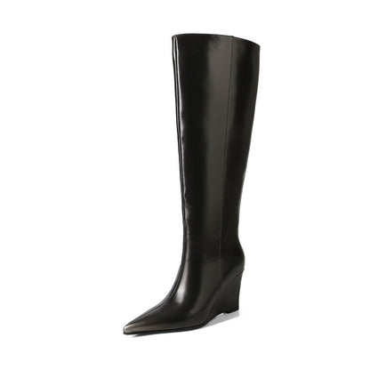 Temperament Pointed Cowhide Wedge Large Boots