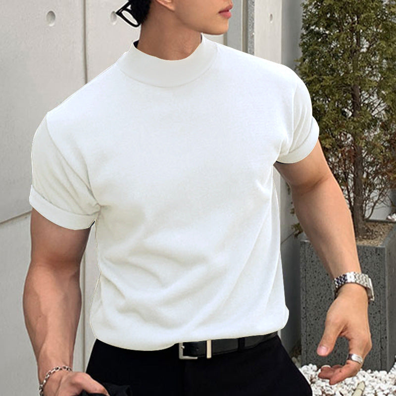 Korean Style Base Shirt Men's Solid Color Turtleneck Short Sleeve T-shirt