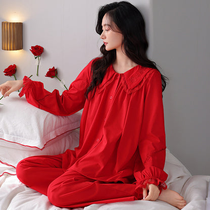 Long Sleeve Annual Home Wear Cotton Wedding Celebration Red Bride Suit