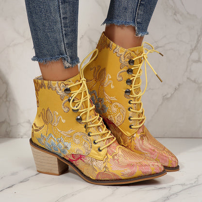 Large Size Ethnic Style Embroidered High Heel Lace-up Ankle Boots