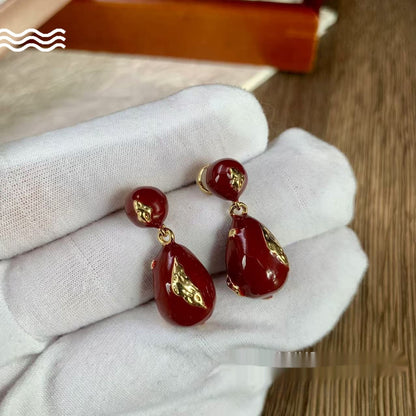 New Year Vintage Wine Red Enamel Water Drop Earrings
