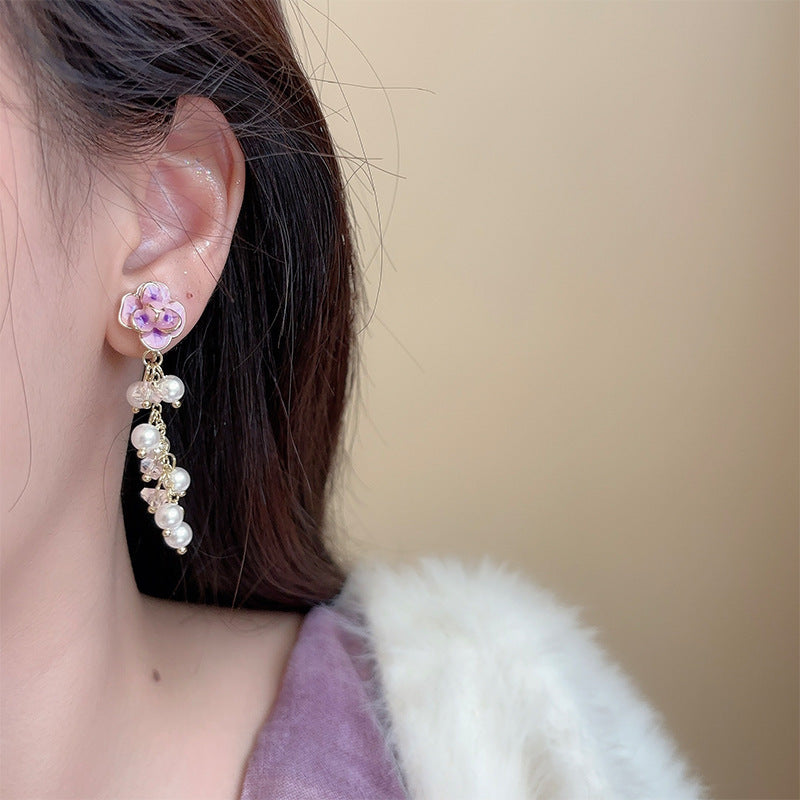 Romantic Gentle French Pearl Tassel Flowers Earrings
