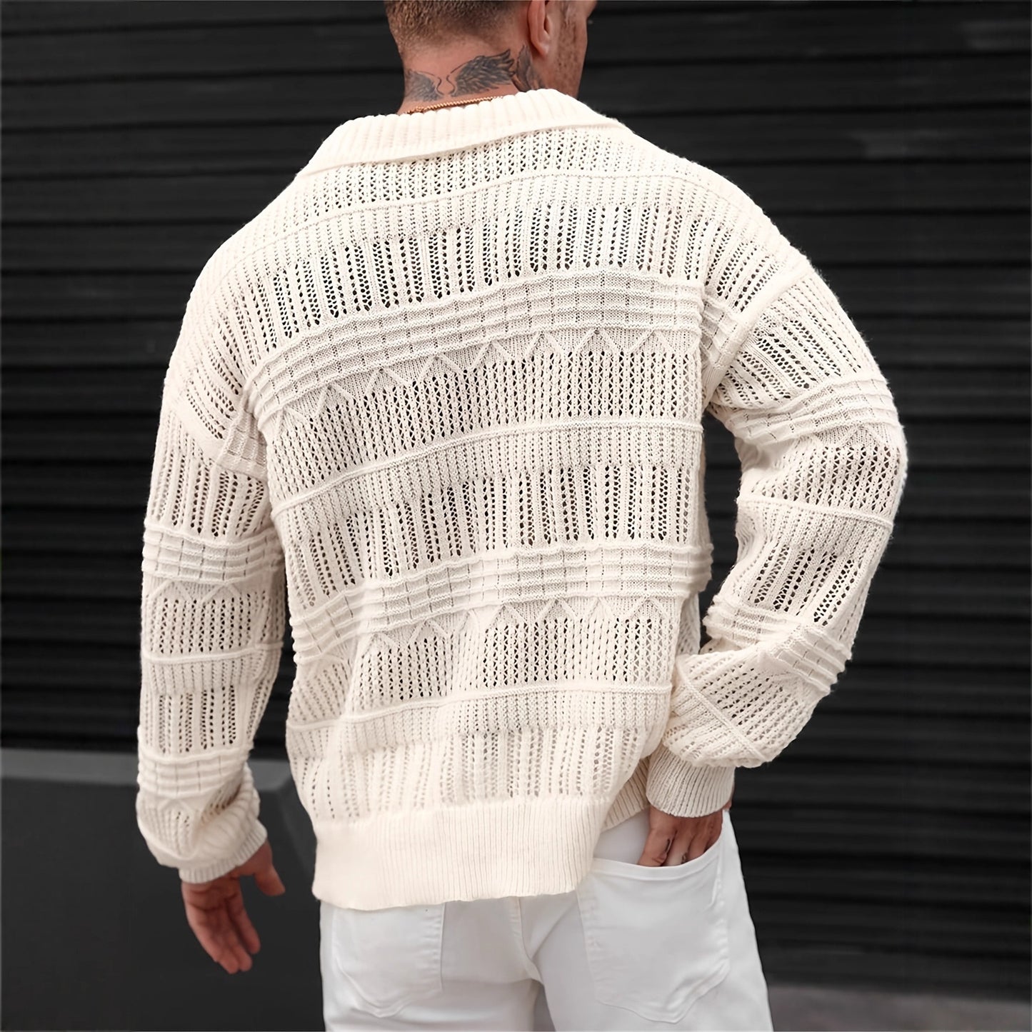 Men's Solid Color V-neck Street-like Lapel Hollow Knitwear