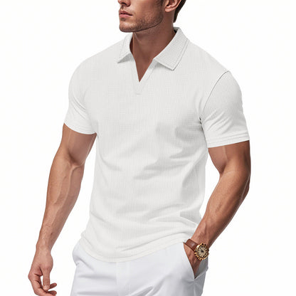 Summer Men's Loose Leisure Sports V-neck Waffle Short Sleeve Lapel Polo Shirt Men