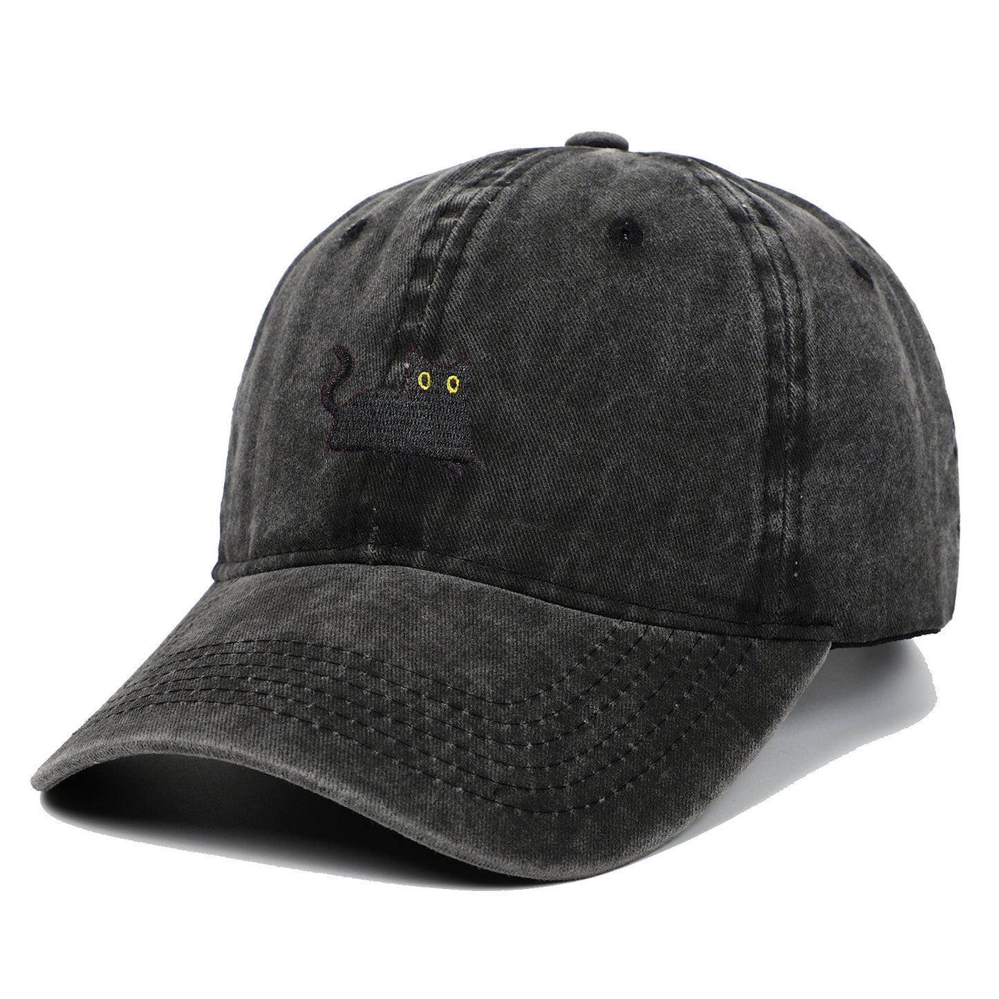 Black Cat Embroidered Washed Baseball Cap Sun Hat