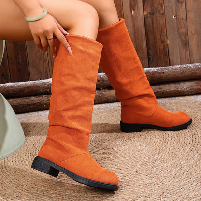European And American Fashion Suede Sleeve High Leg Boot Low Heel Large Size Below The Knee Boots