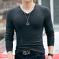 Winter Long Sleeve Slim Fit Solid Color And V-neck T-shirt