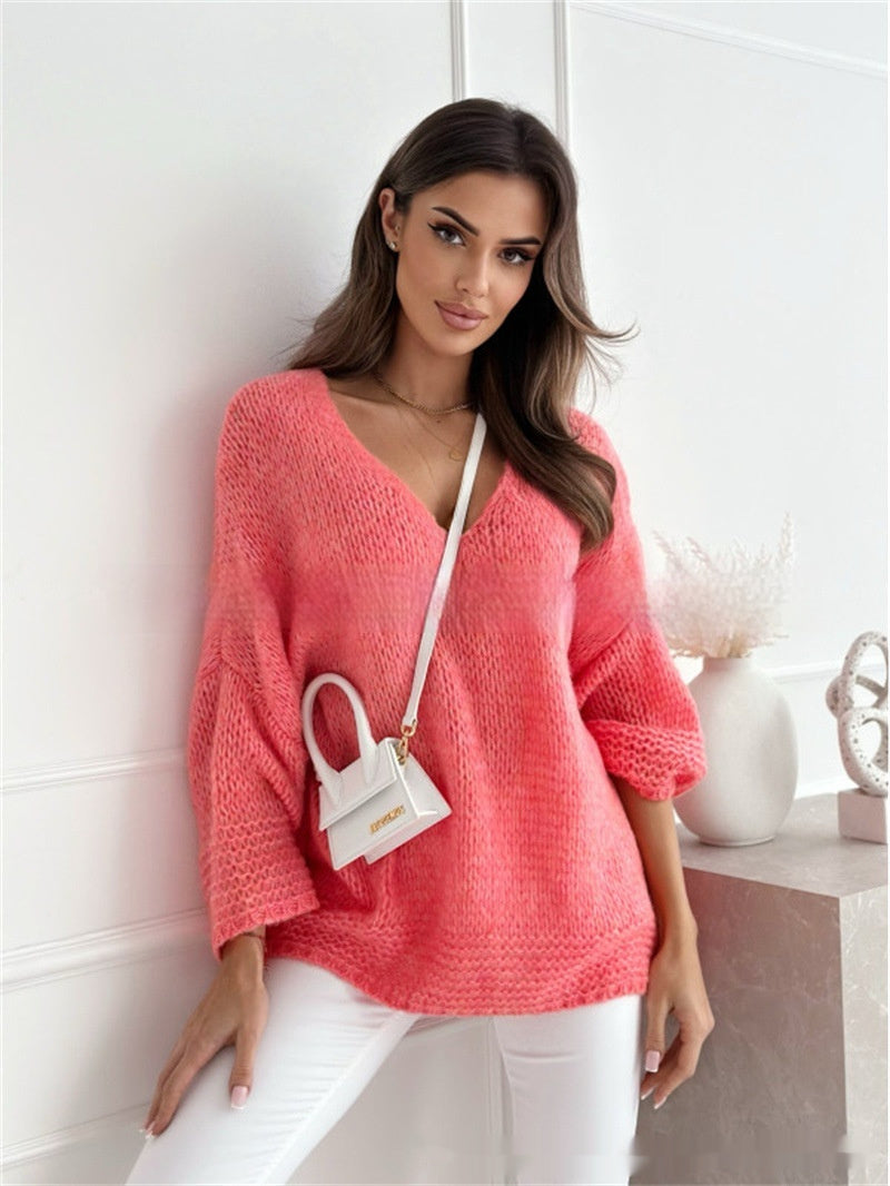 Loose And Idle Pullover Sweater V-neck Excellent Long Sleeve Top