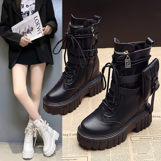 Platform Shoes Female Autumn And Winter Cotton Padded Height Increasing Insole Mid-calf Martin Boots