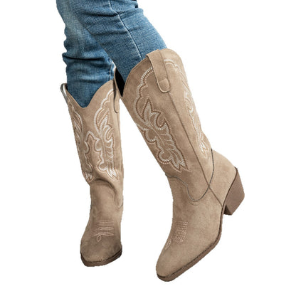 Pointed Toe Western Cowboy Boot Women's Large Size Embroidered Thick Boots