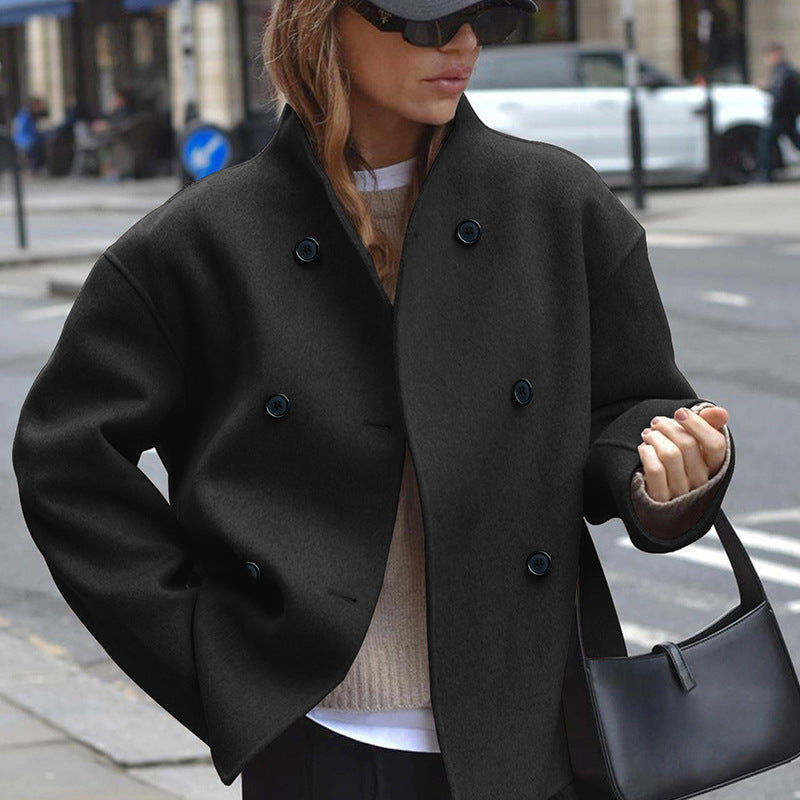 Women's Casual Double Breasted Solid Color Woolen Overcoat Coat