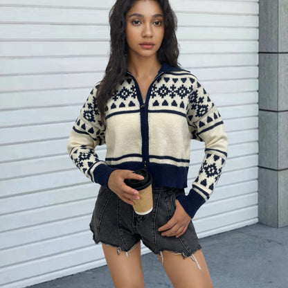 Women's Contrast Color Jacquard Weave Zip Knitwear