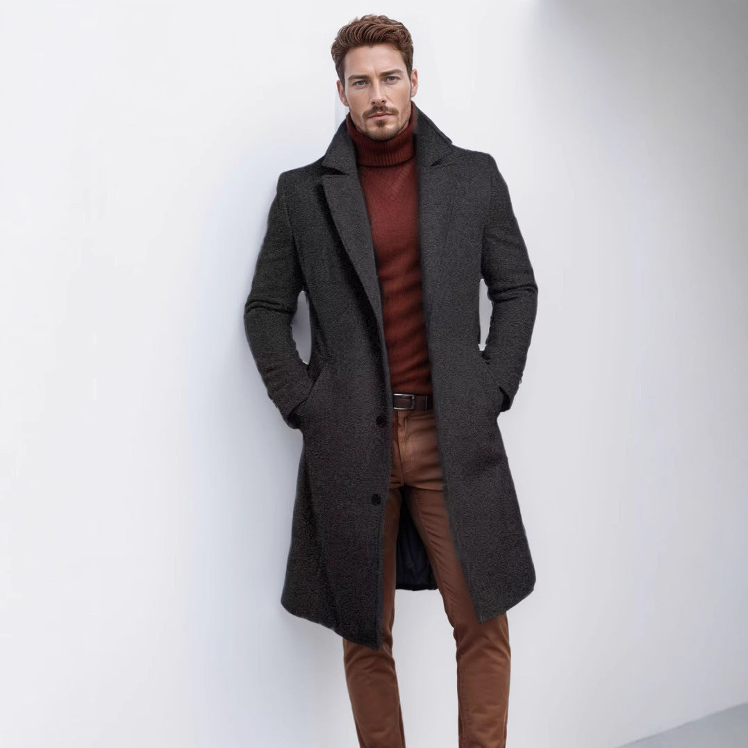 Men's Mid-length Solid Color Autumn And Winter Woolen Coat