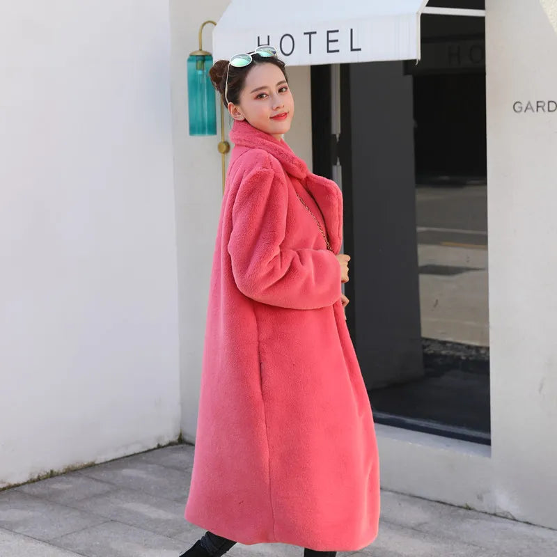 Winter Women High Quality Faux Rabbit Fur Coat Luxury Long Fur Coat Loose Lapel