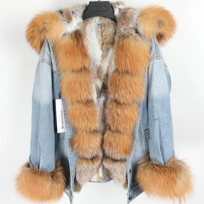 Natural Fox Fur Big Fur Collar Denim Winter Coat  Leather Jacket Women