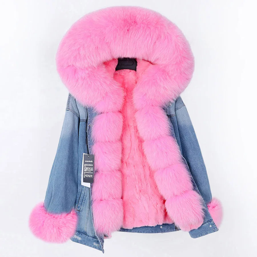 Natural Fox Fur Big Fur Collar Denim Winter Coat  Leather Jacket Women