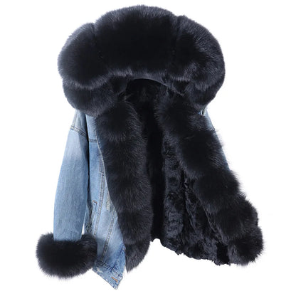 Natural Fox Fur Big Fur Collar Denim Winter Coat  Leather Jacket Women
