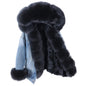 Natural Fox Fur Big Fur Collar Denim Winter Coat  Leather Jacket Women