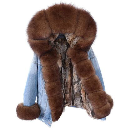 Natural Fox Fur Big Fur Collar Denim Winter Coat  Leather Jacket Women