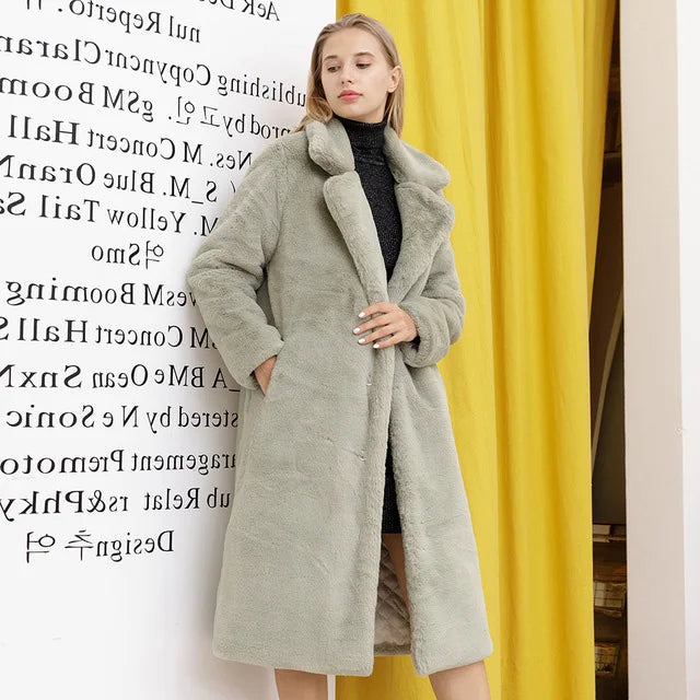 Winter Women High Quality Faux Rabbit Fur Coat Luxury Long Fur Coat Loose Lapel