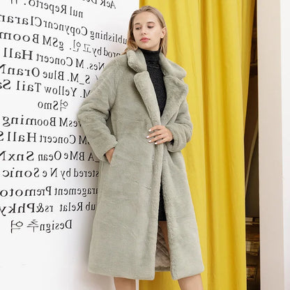 Winter Women High Quality Faux Rabbit Fur Coat Luxury Long Fur Coat Loose Lapel