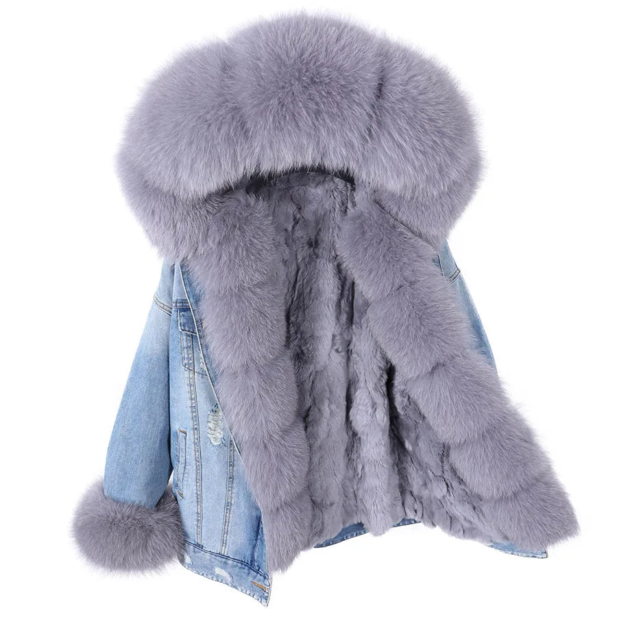 Natural Fox Fur Big Fur Collar Denim Winter Coat  Leather Jacket Women
