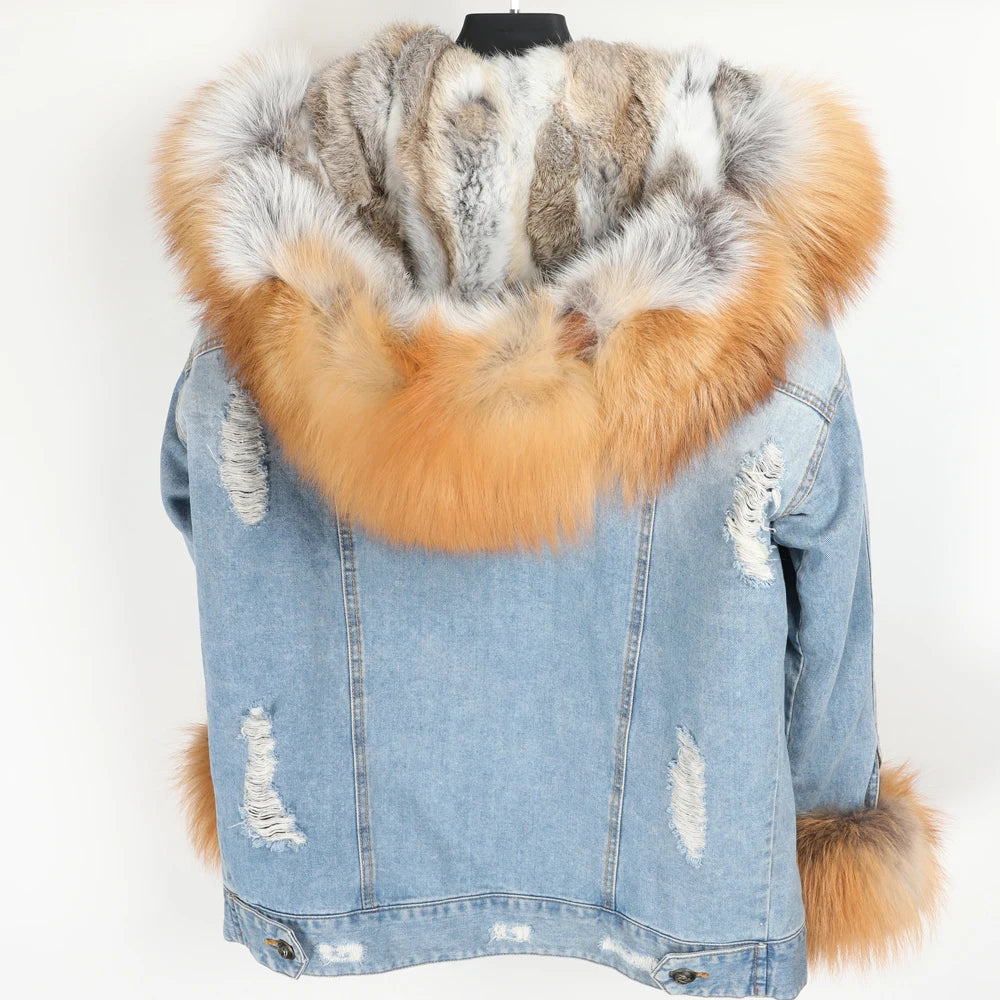 Natural Fox Fur Big Fur Collar Denim Winter Coat  Leather Jacket Women