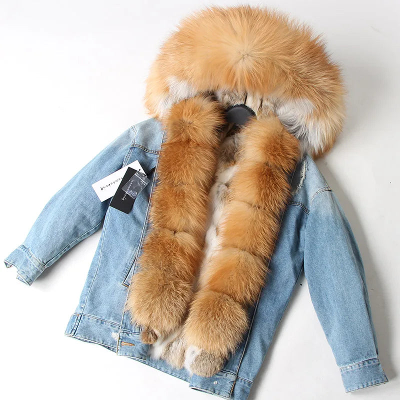 Natural Fox Fur Big Fur Collar Denim Winter Coat  Leather Jacket Women