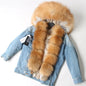 Natural Fox Fur Big Fur Collar Denim Winter Coat  Leather Jacket Women