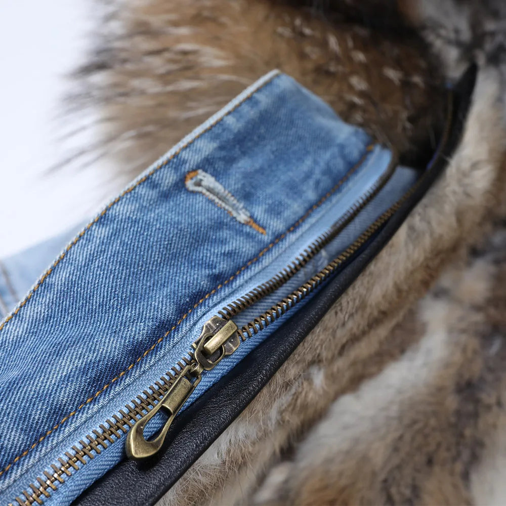 Natural Fox Fur Big Fur Collar Denim Winter Coat  Leather Jacket Women