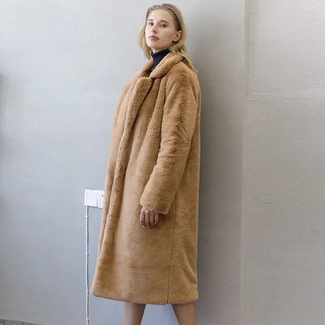 Winter Women High Quality Faux Rabbit Fur Coat Luxury Long Fur Coat Loose Lapel