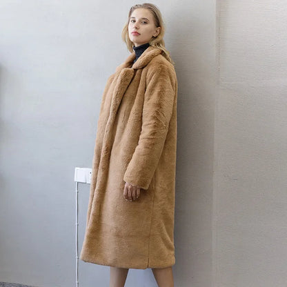 Winter Women High Quality Faux Rabbit Fur Coat Luxury Long Fur Coat Loose Lapel
