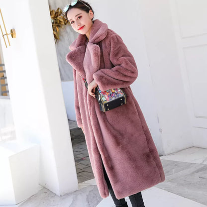 Winter Women High Quality Faux Rabbit Fur Coat Luxury Long Fur Coat Loose Lapel