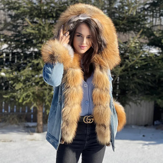 Natural Fox Fur Big Fur Collar Denim Winter Coat  Leather Jacket Women