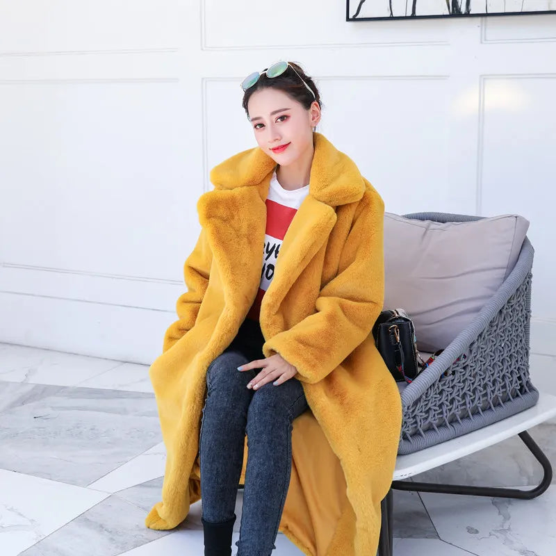 Winter Women High Quality Faux Rabbit Fur Coat Luxury Long Fur Coat Loose Lapel