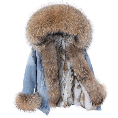 Natural Fox Fur Big Fur Collar Denim Winter Coat  Leather Jacket Women