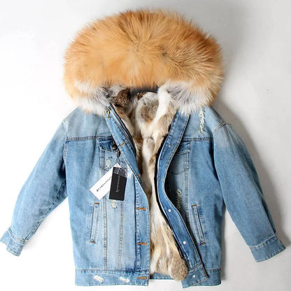 Natural Fox Fur Big Fur Collar Denim Winter Coat  Leather Jacket Women