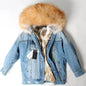 Natural Fox Fur Big Fur Collar Denim Winter Coat  Leather Jacket Women