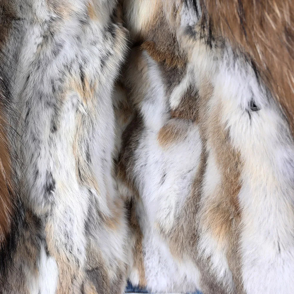 Natural Fox Fur Big Fur Collar Denim Winter Coat  Leather Jacket Women