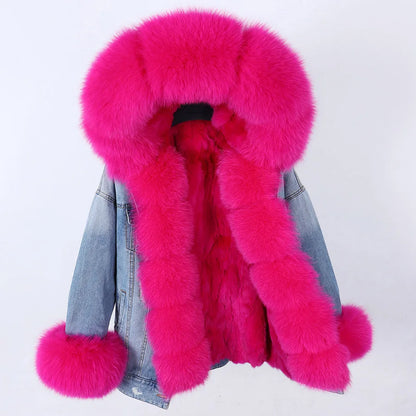 Natural Fox Fur Big Fur Collar Denim Winter Coat  Leather Jacket Women