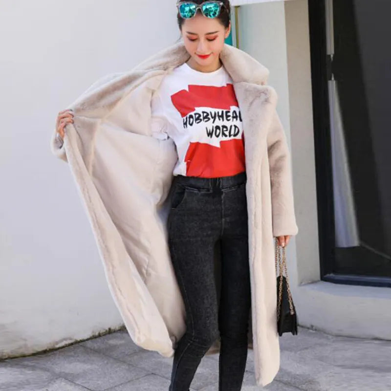 Winter Women High Quality Faux Rabbit Fur Coat Luxury Long Fur Coat Loose Lapel