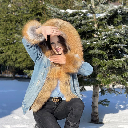 Natural Fox Fur Big Fur Collar Denim Winter Coat  Leather Jacket Women