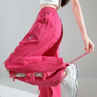 Ripped Lace Stitching Matchet Pants Fashion Wide-leg Casual Pants