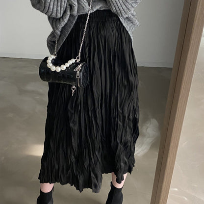 Vintage Crumpled Elastic Waist Large Swing A- Line Midi Skirt