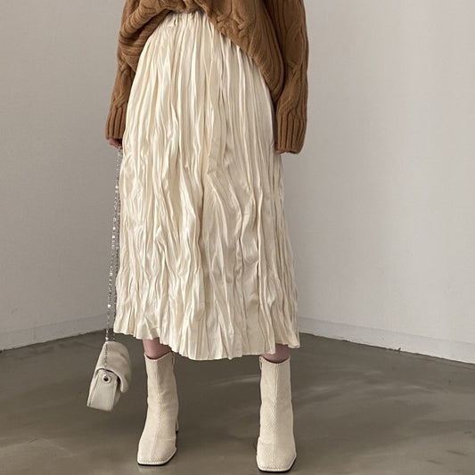 Vintage Crumpled Elastic Waist Large Swing A- Line Midi Skirt