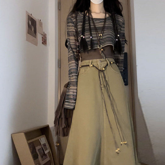 Fall Retro Hong Kong Style Women's High Waist Denim Skirt
